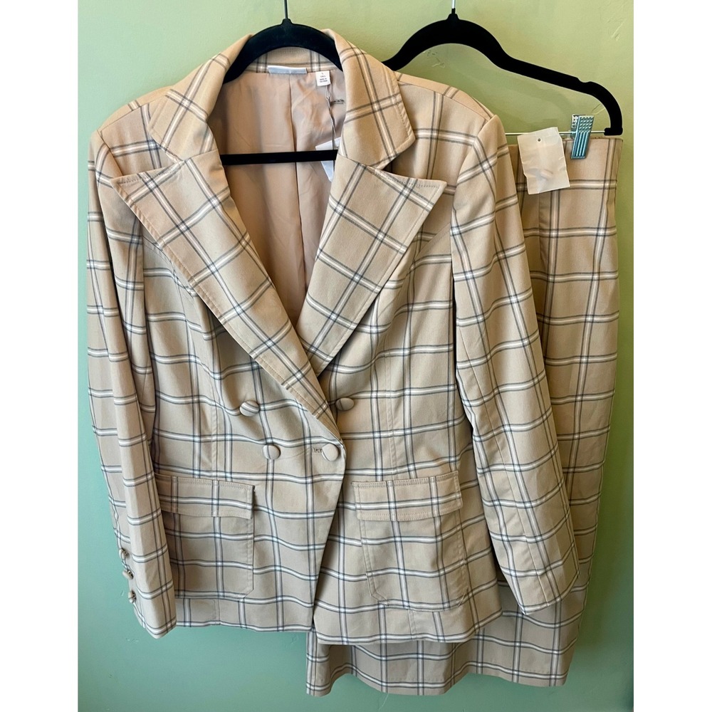 NWT Eva Mendes NY&C Plaid Double Breasted Blazer Midi Skirt Suit Set Tan Tall L